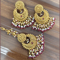 JCM Premium Pota Stone And Pearl Dangler Earrings With Maangtikka