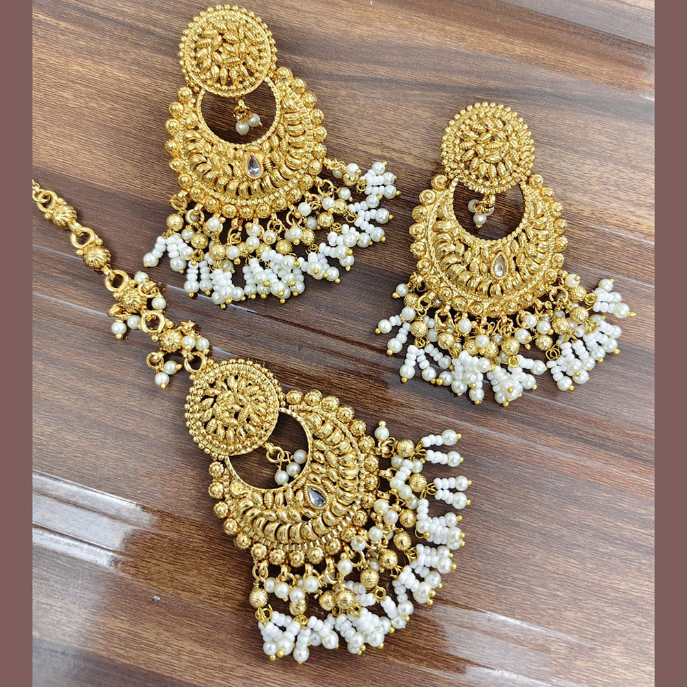 JCM Premium Pota Stone And Pearl Dangler Earrings With Maangtikka
