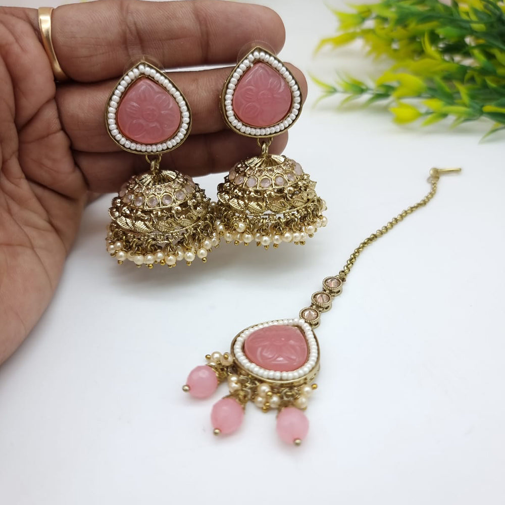 JCM Festive Pota Stone And Pearl Jhumki Earrings With Maangtikka