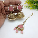 JCM Festive Pota Stone And Pearl Jhumki Earrings With Maangtikka