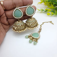 JCM Festive Pota Stone And Pearl Jhumki Earrings With Maangtikka
