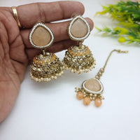 JCM Festive Pota Stone And Pearl Jhumki Earrings With Maangtikka