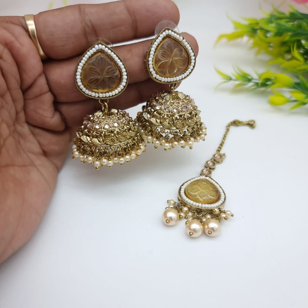 JCM Festive Pota Stone And Pearl Jhumki Earrings With Maangtikka