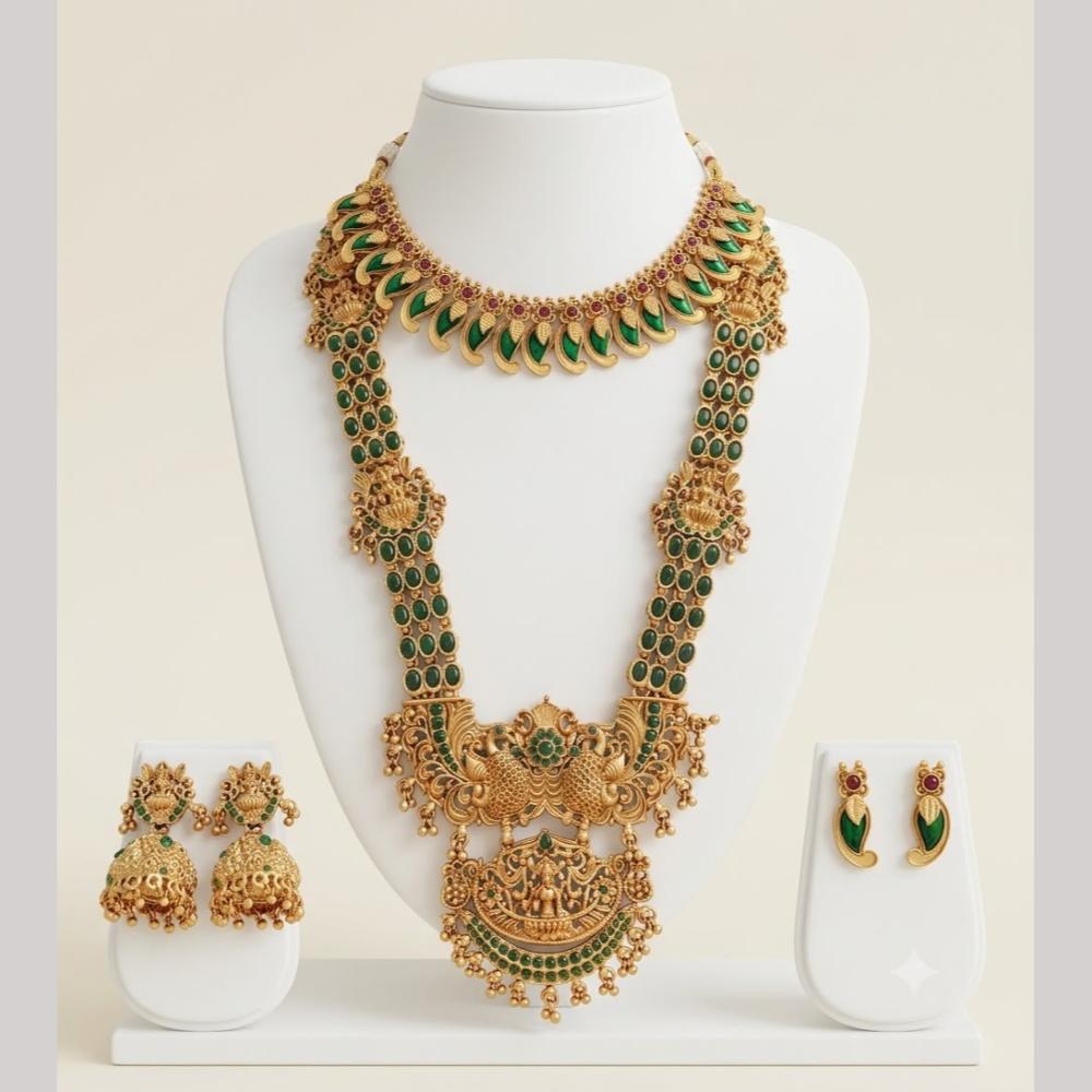 JCM South Indian Pota Stone And Pearl Temple Double Necklace Set