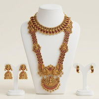 JCM South Indian Pota Stone And Pearl Temple Double Necklace Set