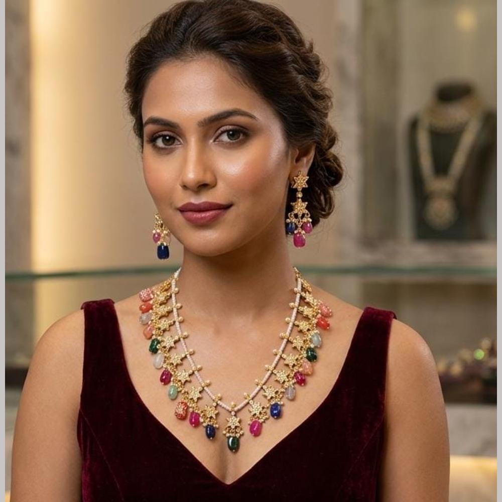 JCM Grand Kundan Stone And Beads Statement Necklace Set