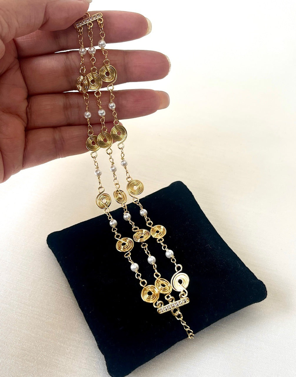 Jewel Treatzz Adorable Everyday Wear 3 Line Gold Plated Pearl Long Chain Fashion Bracelet