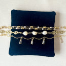 Jewel Treatzz Adorable Everyday Wear 3 Line Gold Plated Pearl Link Chain With Dangling Baguettes Fashion Bracelet