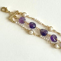 Jewel Treatzz Beautiful & Dainty Everyday Wear 3 Line Amethyst & Pearls Gold Plated Fashion Bracelet