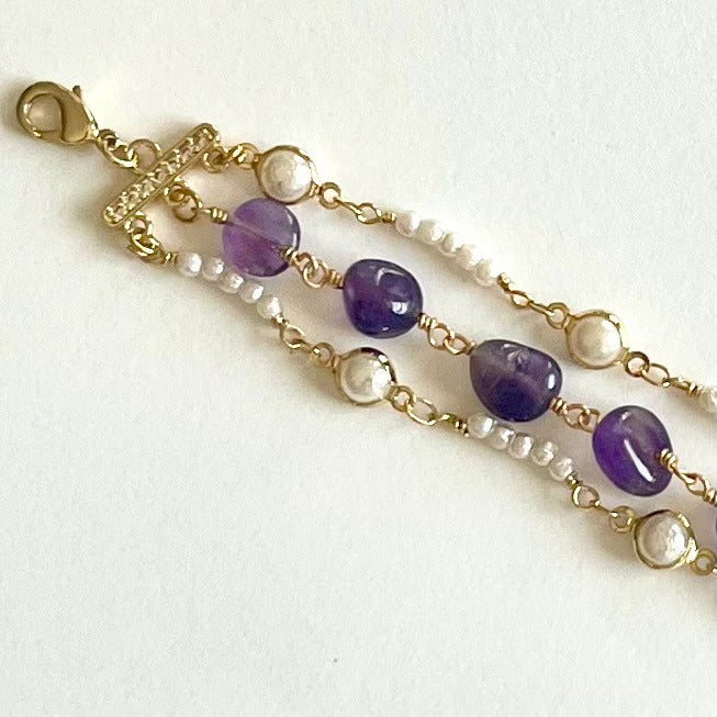 Jewel Treatzz Beautiful & Dainty Everyday Wear 3 Line Amethyst & Pearls Gold Plated Fashion Bracelet