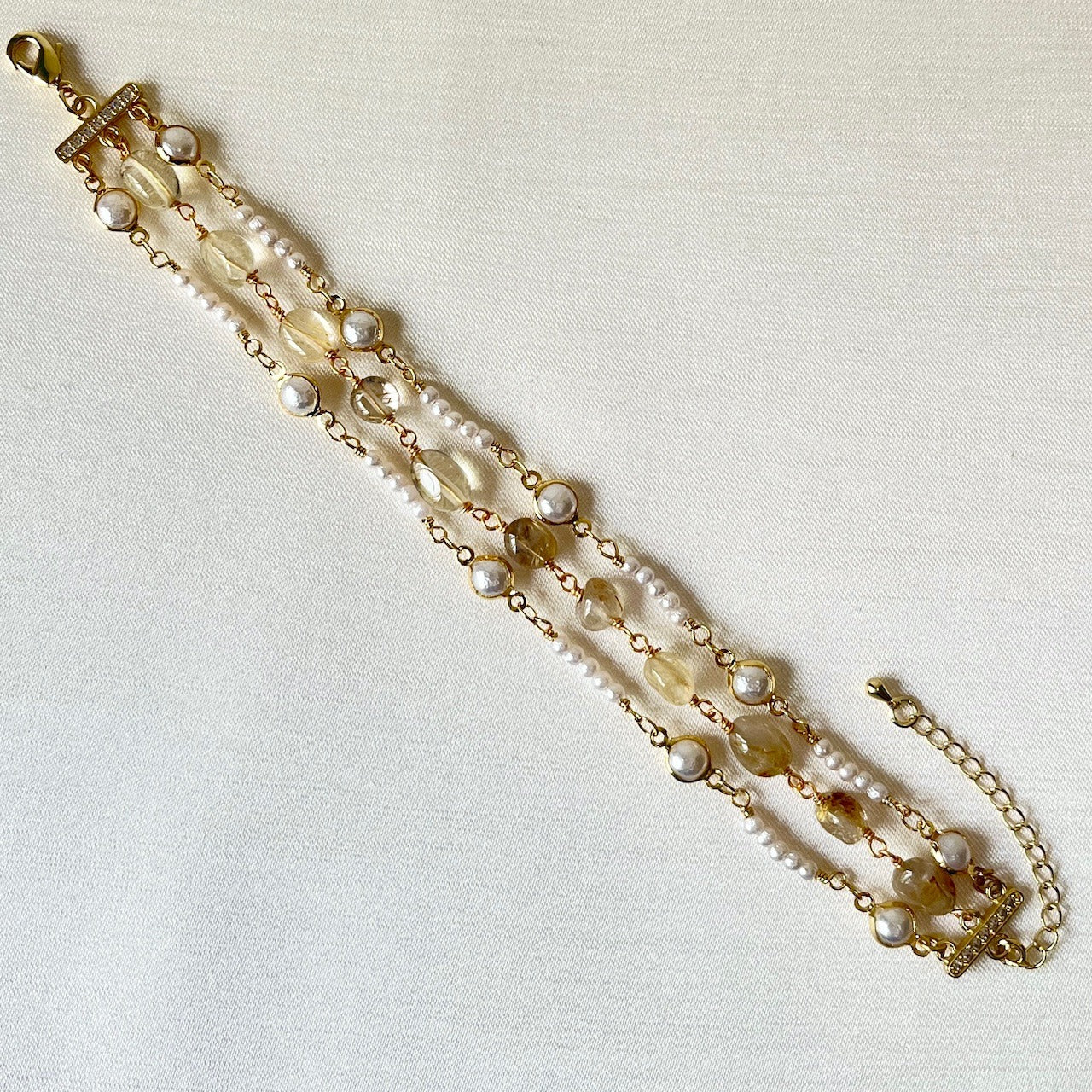 Jewel Treatzz Dainty 3 Line Citrine & Pearls Gold Plated Fashion Bracelet