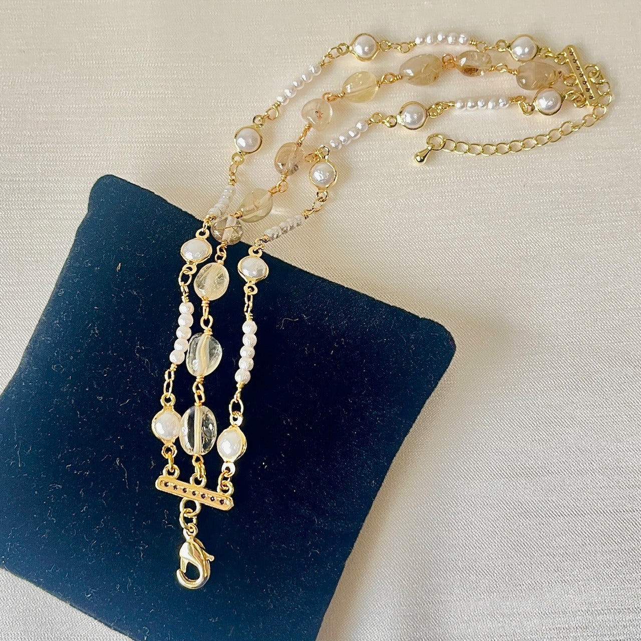 Jewel Treatzz Dainty 3 Line Citrine & Pearls Gold Plated Fashion Bracelet