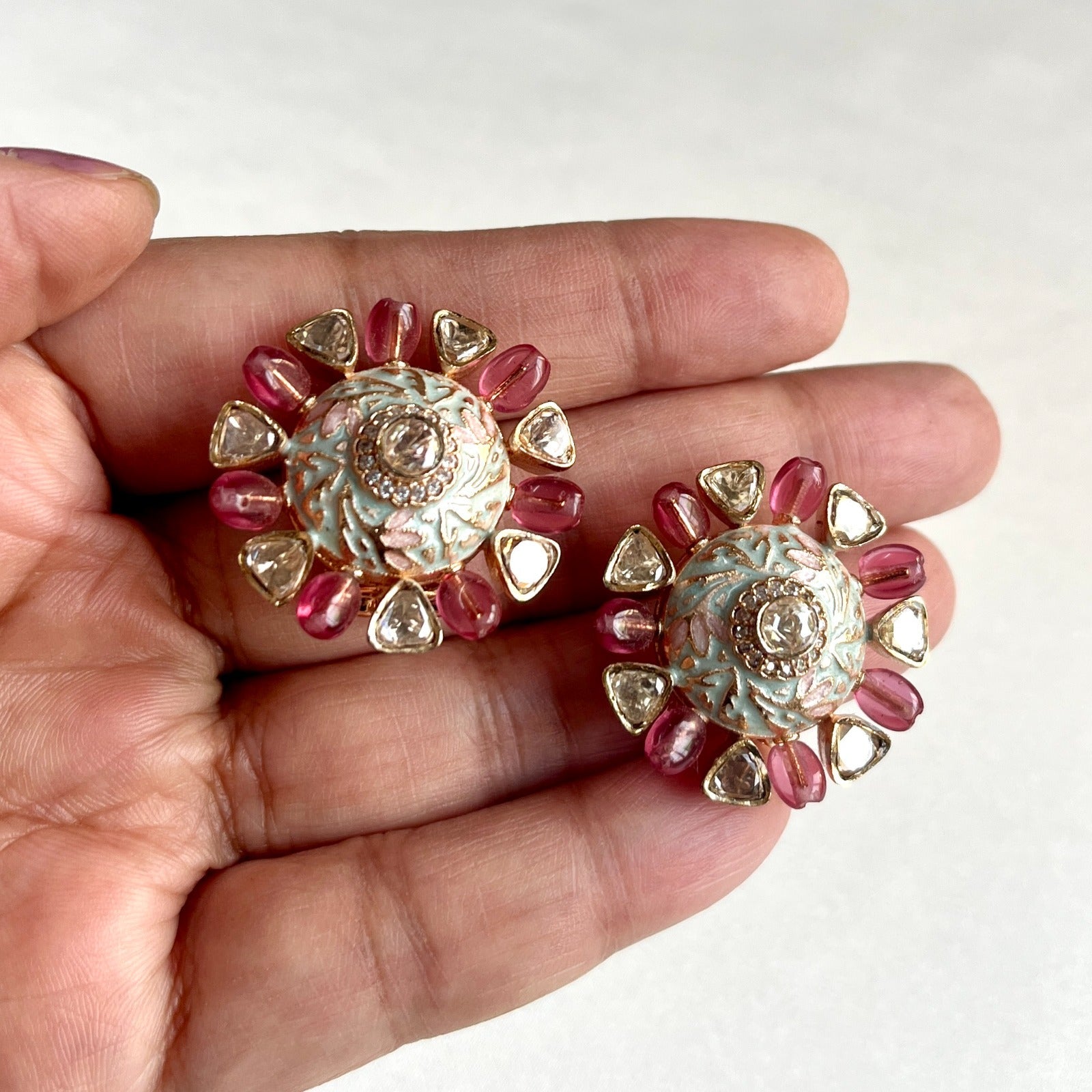 Jewel Treatzz Floral Hand Enamel with Uncut Polki Kundan, Rose Oval Quartz Gold Plated Top Earrings