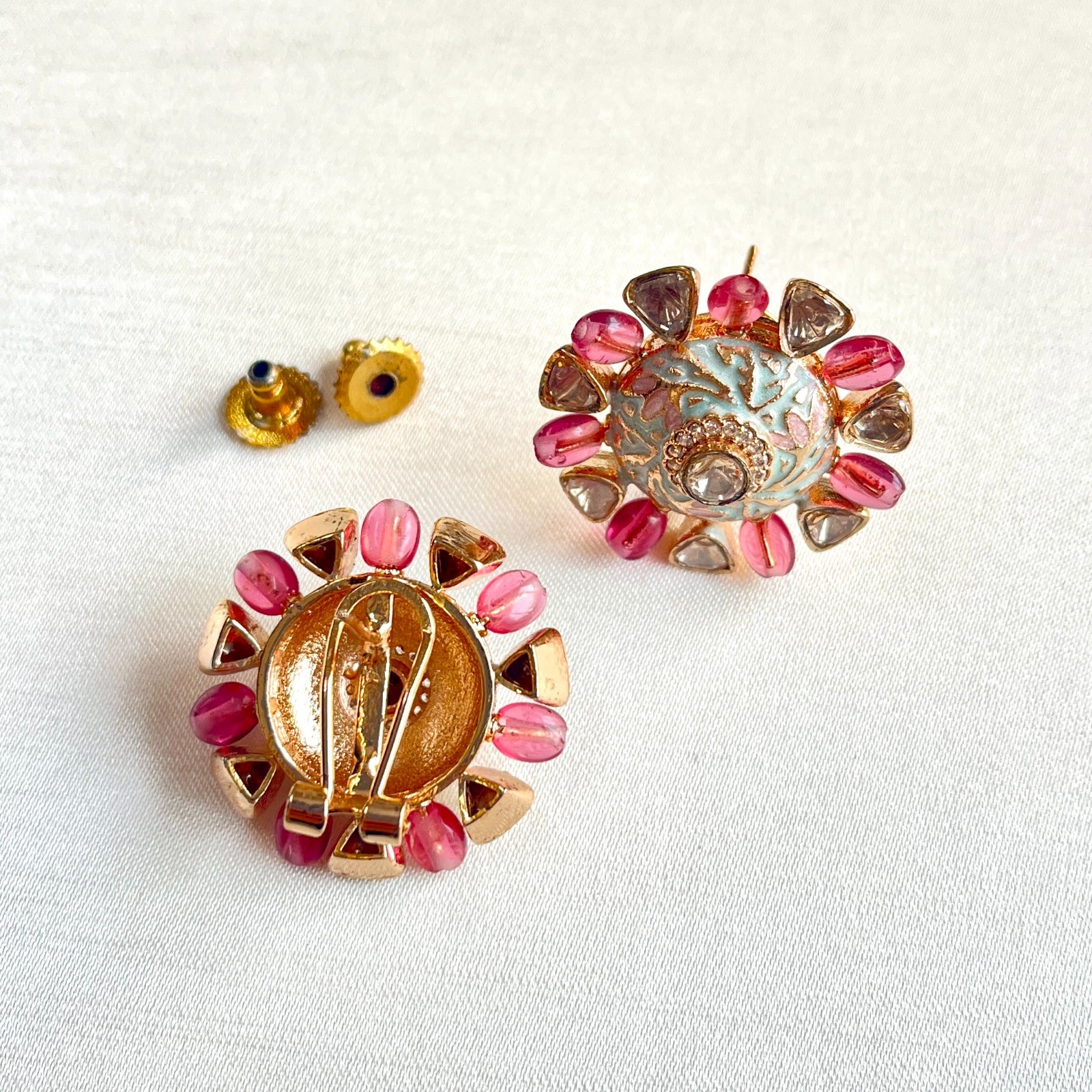 Jewel Treatzz Floral Hand Enamel with Uncut Polki Kundan, Rose Oval Quartz Gold Plated Top Earrings
