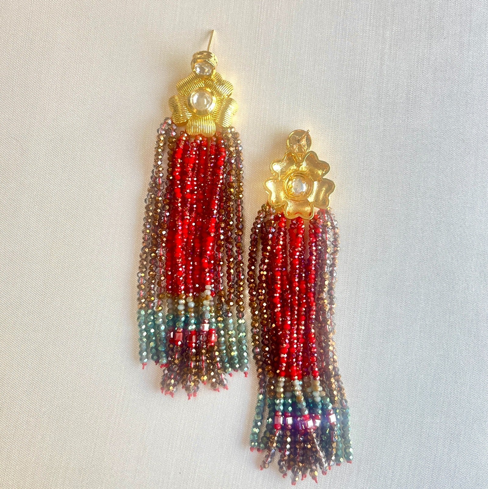 Jewel Treatzz Gold Plated Long Hand enameled Tassel Earrings Eith Kundan & Green Agate Crystals