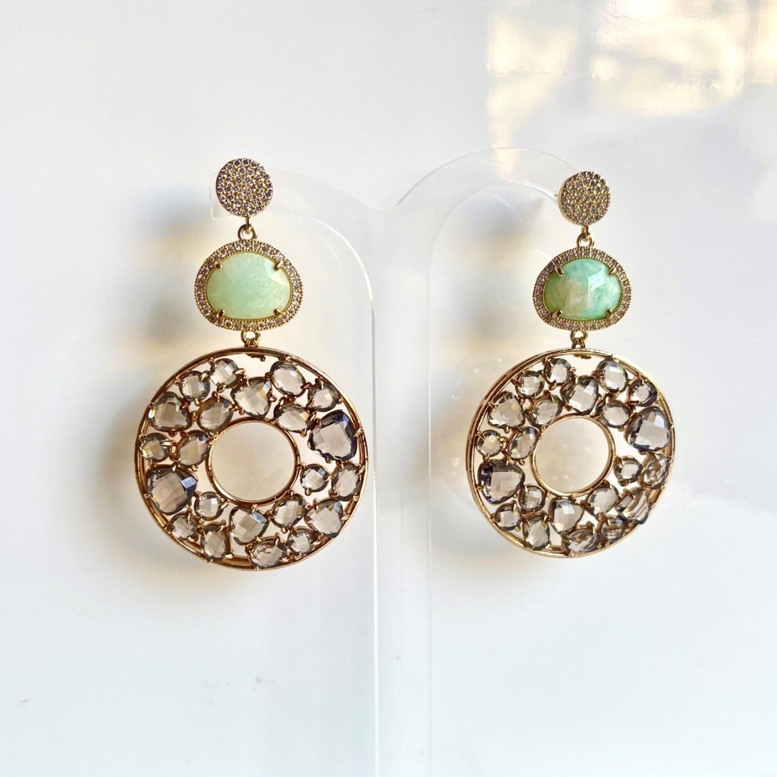 Jewel Treatzz Irregular Shaped Red Doublet Stone, Pear Shaped Labradorite And CZ Stone Gold Plated Chandelier Earrings