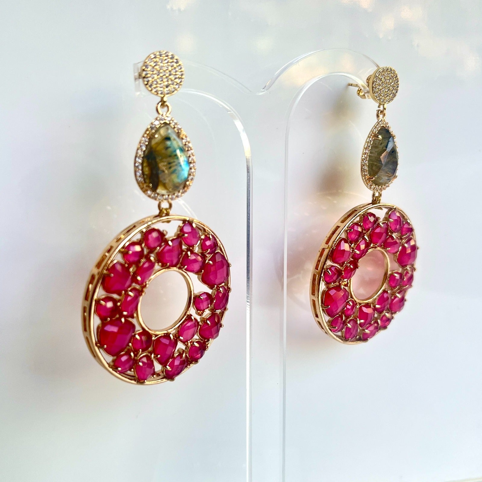 Jewel Treatzz Irregular Shapes Blue Doublet Stones, Rose Quartz Four Petal Clover Flower And CZ Stone Gold Plated Chandelier Earrigs