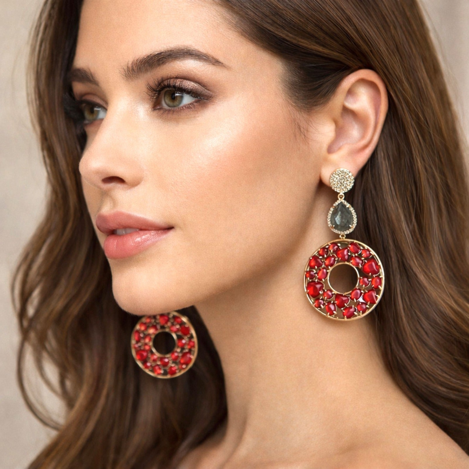 Jewel Treatzz Irregular Shapes Blue Doublet Stones, Rose Quartz Four Petal Clover Flower And CZ Stone Gold Plated Chandelier Earrigs