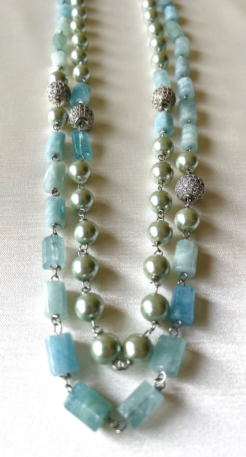 Jewel Treatzz Layered Necklace With Aqua Agates Sliver Pearls & Daimond Balls