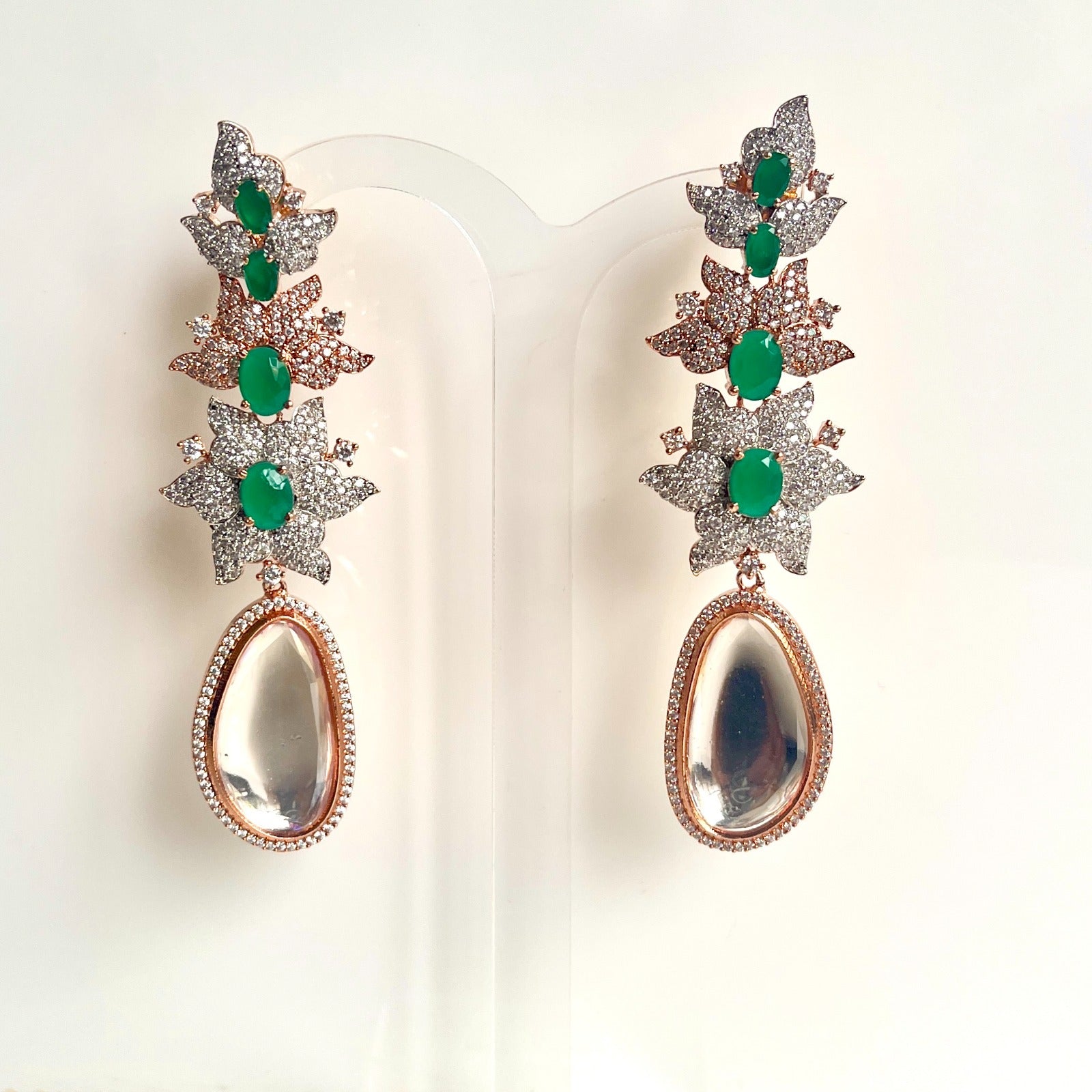 Jewel Treatzz Long Emerald Doublet Stones, CZ Stone & Uncut Polki Kundan Rose Gold Earrings