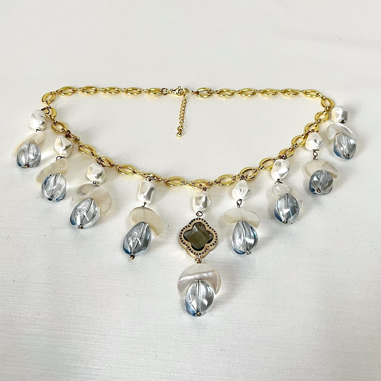 Jewel Treatzz Moon Shapes Mother Of Pearls Translucent Aqua Quartz With Clover Flower Chian Necklace