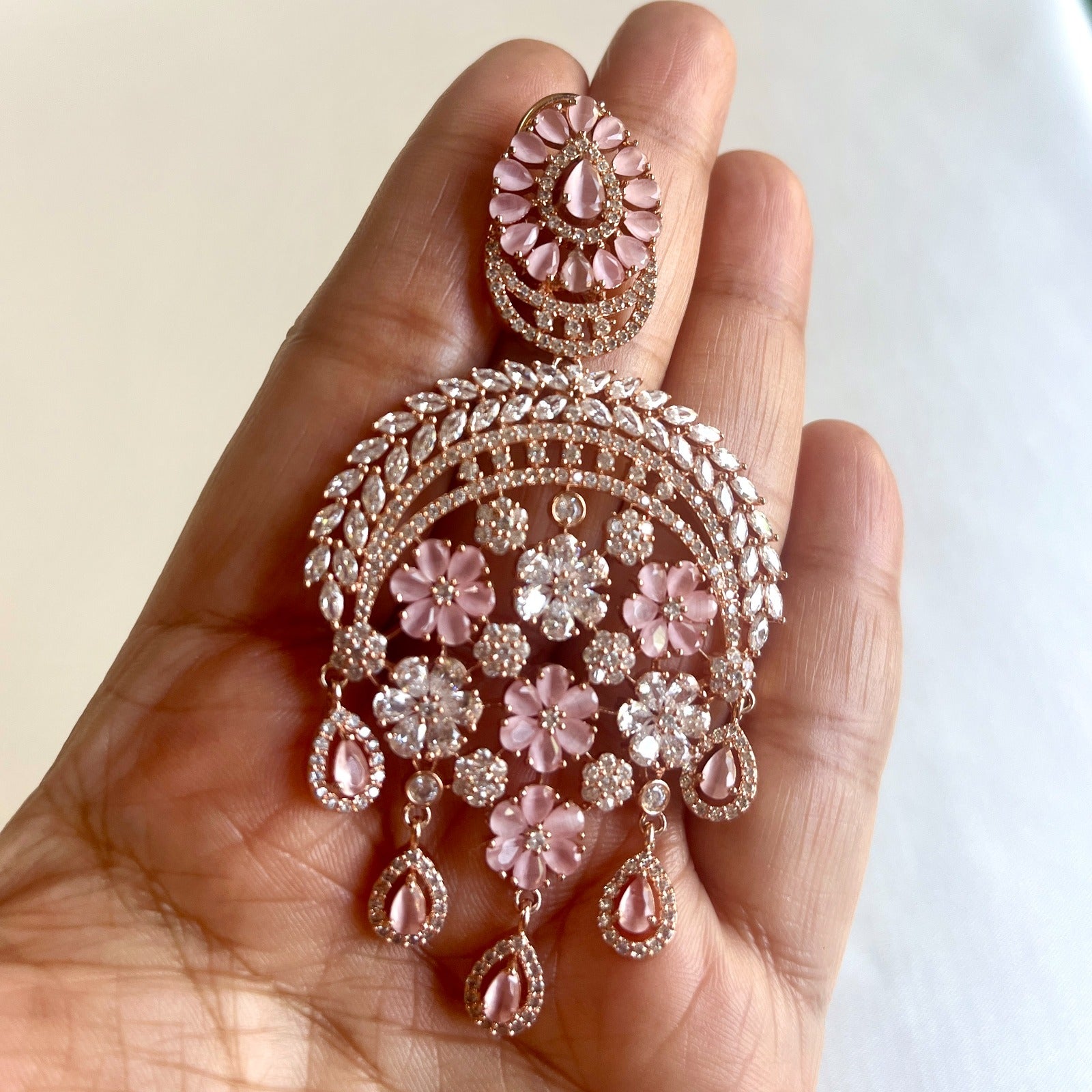 Jewel Treatzz Statement Chandelier Rose Gold Plated Earrings With Rose Quartz & CZ Stone