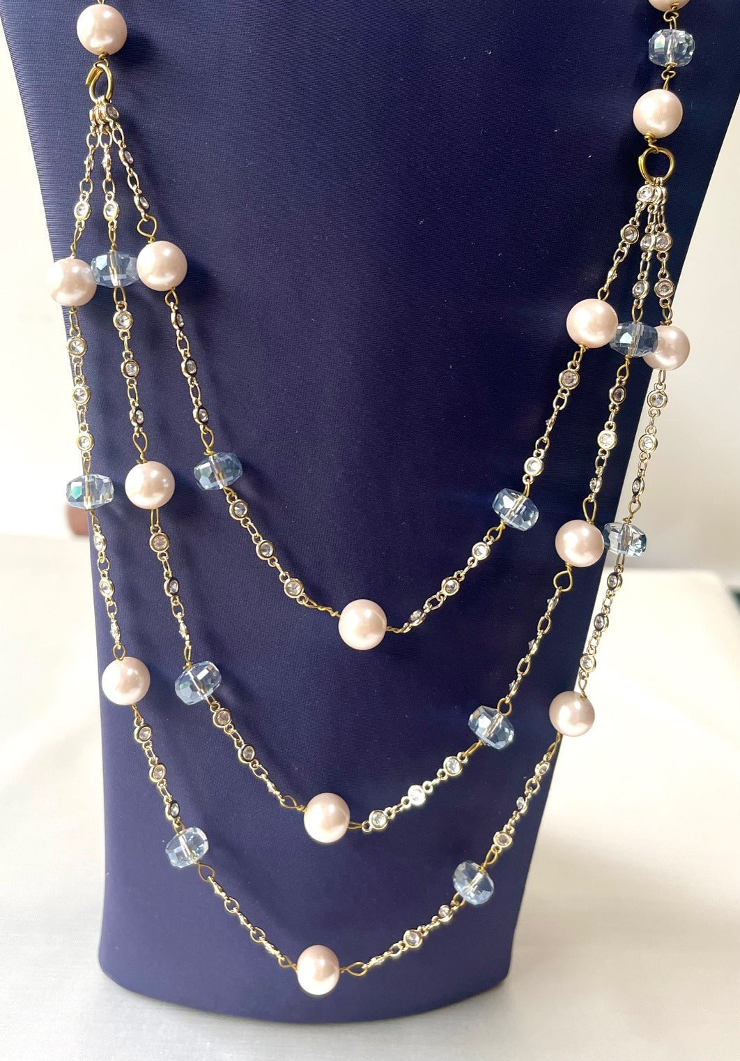 Jewel Treatzz Triple Layered Pearls, Aqua Beads Gold Plated Party Necklace