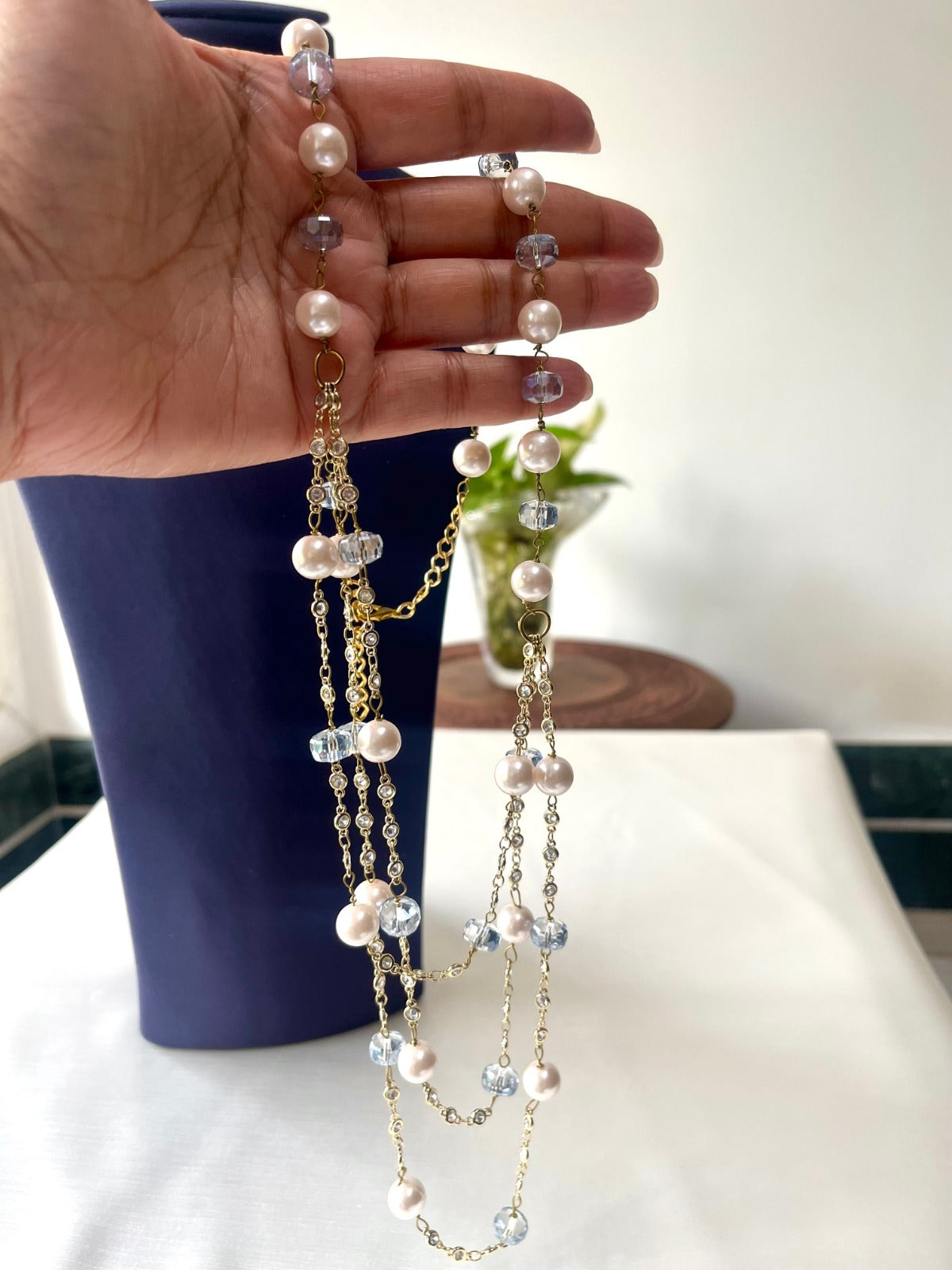 Jewel Treatzz Triple Layered Pearls, Aqua Beads Gold Plated Party Necklace