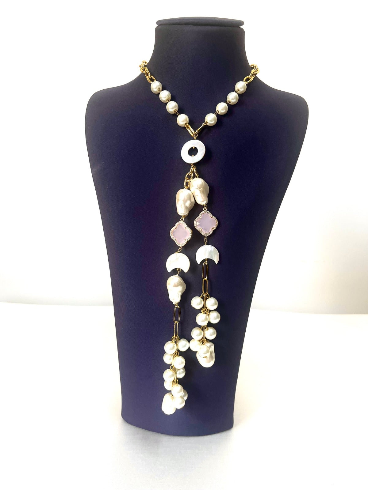 Jewel Treatzz Moon Shapes Mother Of Pearls Translucent Aqua Quartz With Clover Flower Chian Necklace