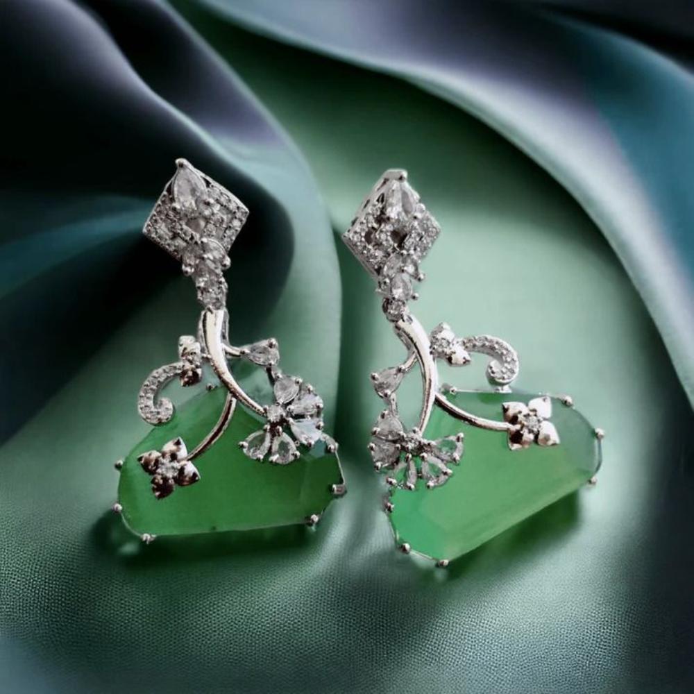 Jewel Treatzz Rhodium Plated, Pear Shaped Emerald Doublet Stone & Cubic Zirconia's Dangler Earrings