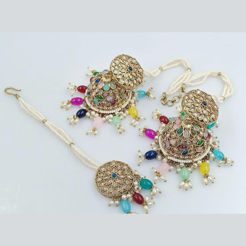 Rani Sati Jewels Gold Plated Crystal Stone Kanchain Jhumki Earrings With Mangtikka