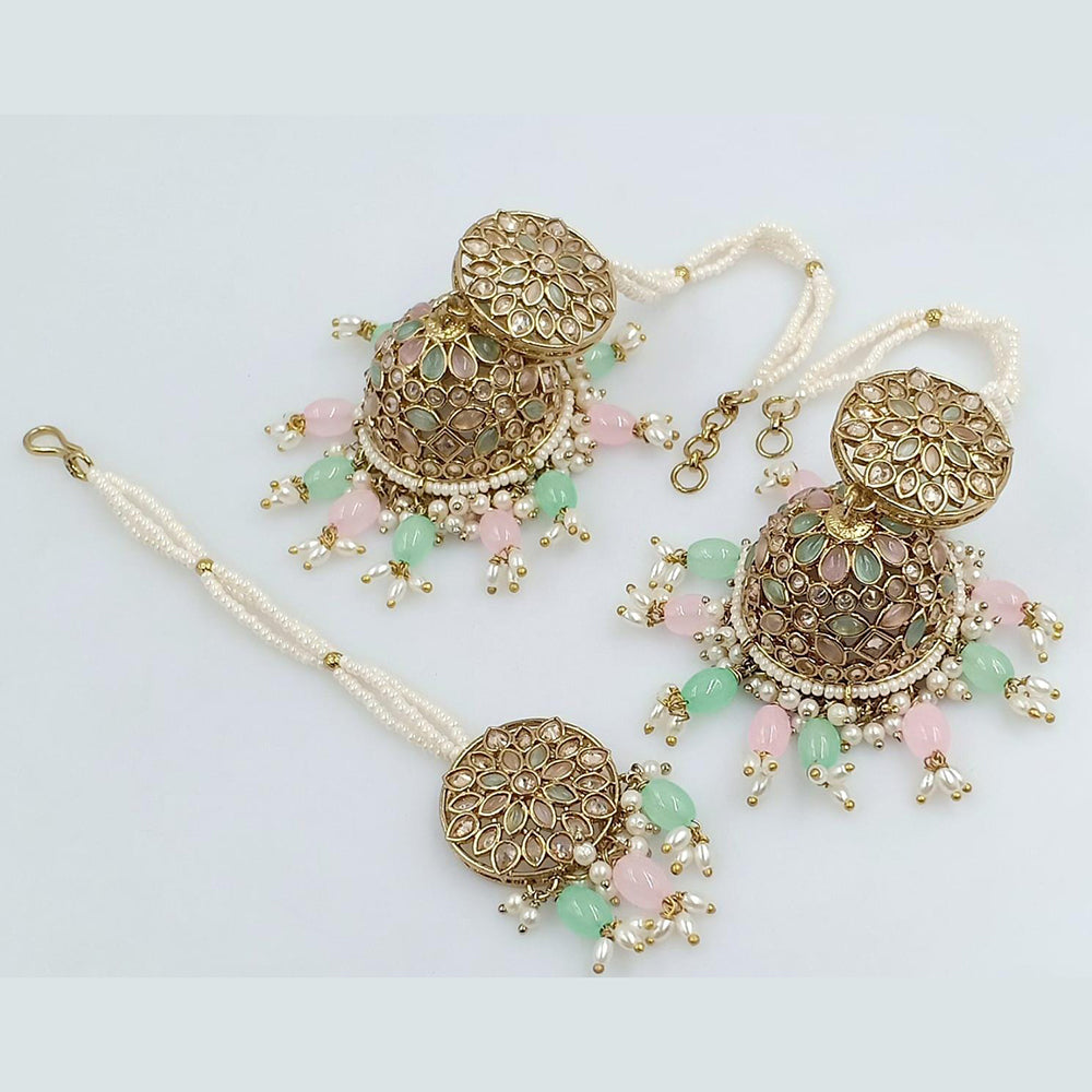 Rani Sati Jewels Gold Plated Crystal Stone Kanchain Jhumki Earrings With Mangtikka