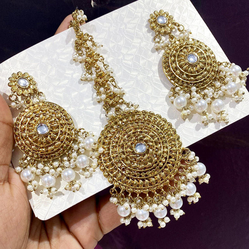 Rani Sati Jewels Gold Plated Pearl Dangler Earrings With Mangtikka