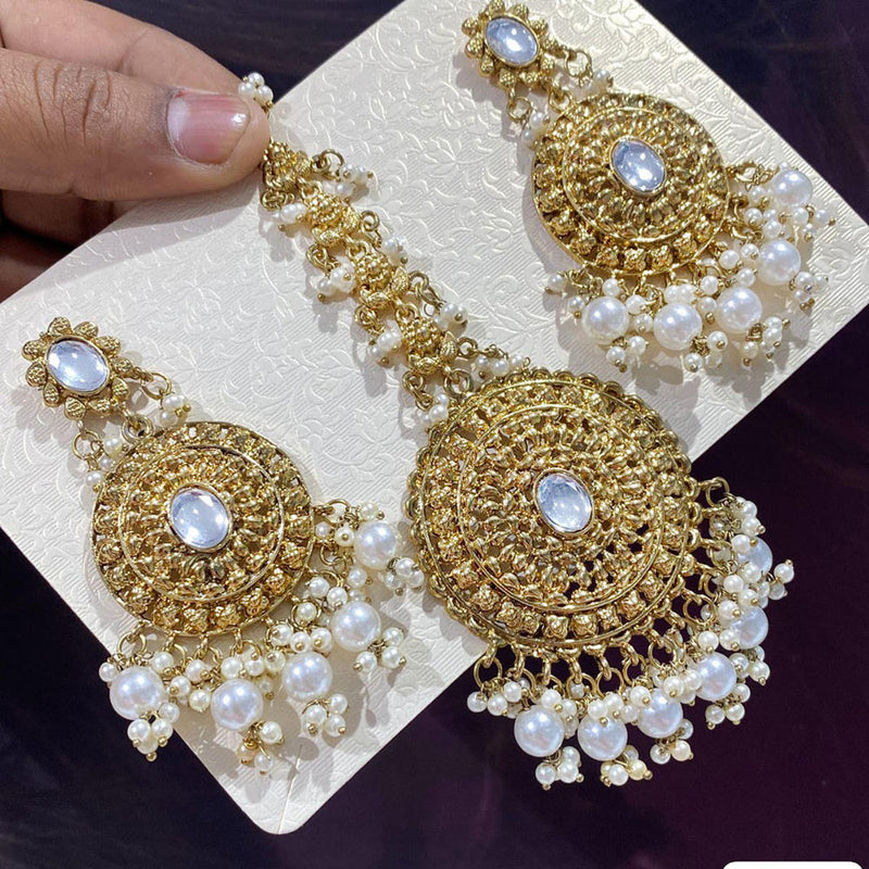 Rani Sati Jewels Gold Plated Pearl Dangler Earrings With Mangtikka