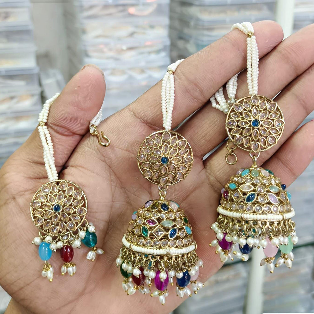 Rani Sati Jewels Gold Plated Reverse AD Jhumki Earrings With Maangtikka