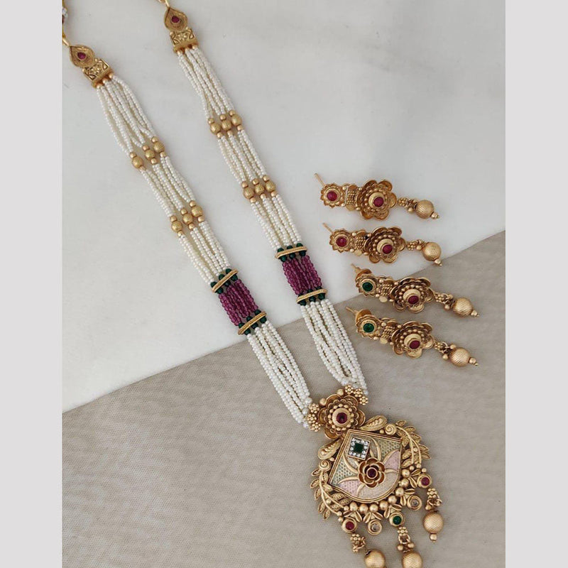 Rani Sati Jewels Gold Plated Pota Stone And Pearl Long Necklace Set