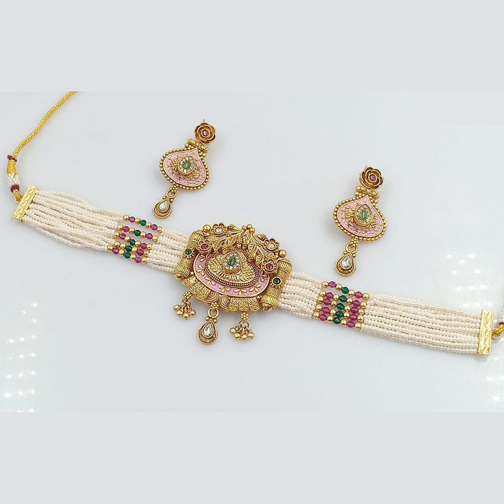 Rani Sati Jewels Gold Plated Kundan And Pearl Choker Necklace Set