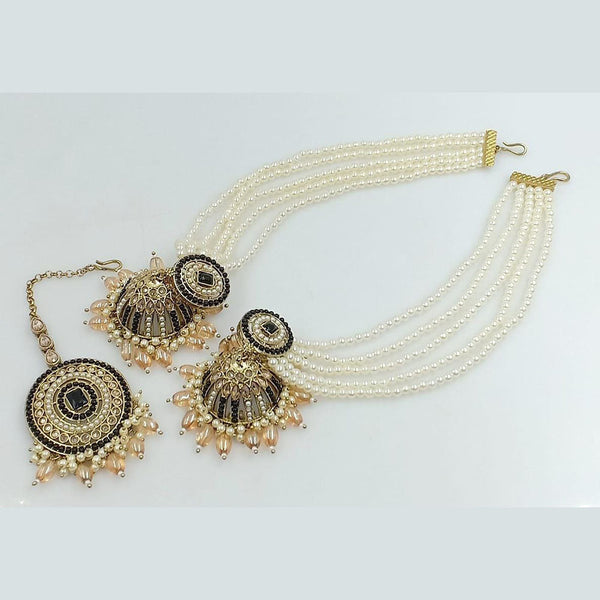Rani Sati Jewels Gold Plated Pearl Kan Chain Jhumki Earrings With Mangtikka