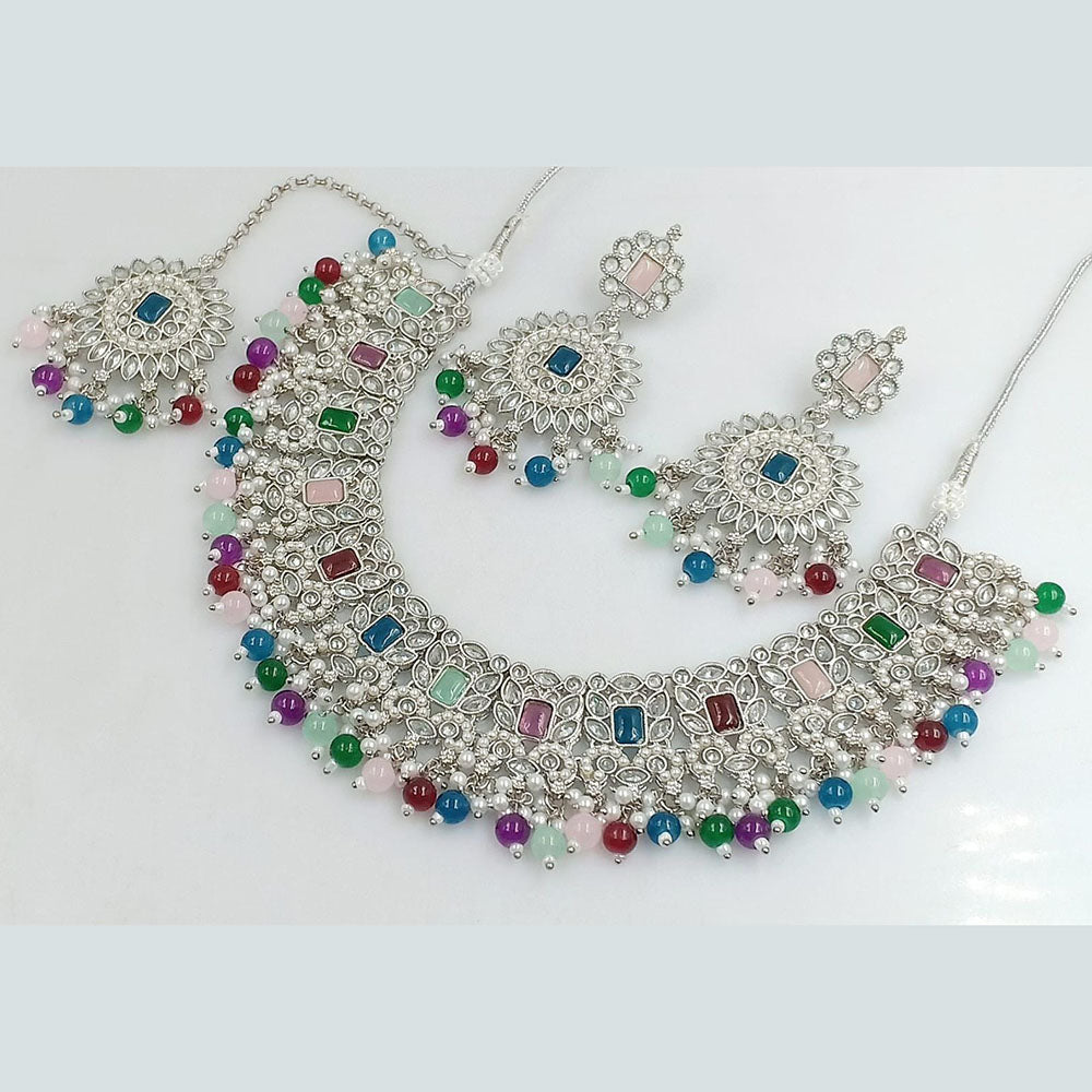 Rani Sati Jewels Silver  Plated Crystal Stone And Beads Necklace Set