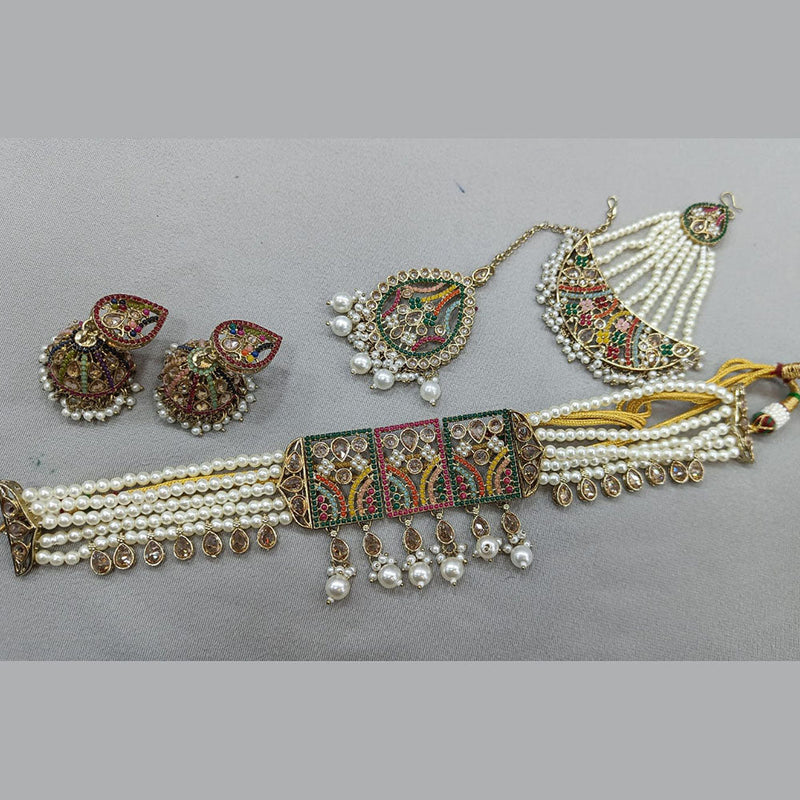 Rani Sati Jewels Gold Plated Crystal and Pearl Choker Necklace Set