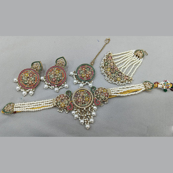 Rani Sati Jewels Gold Plated Crystal and Pearl Choker Necklace Set