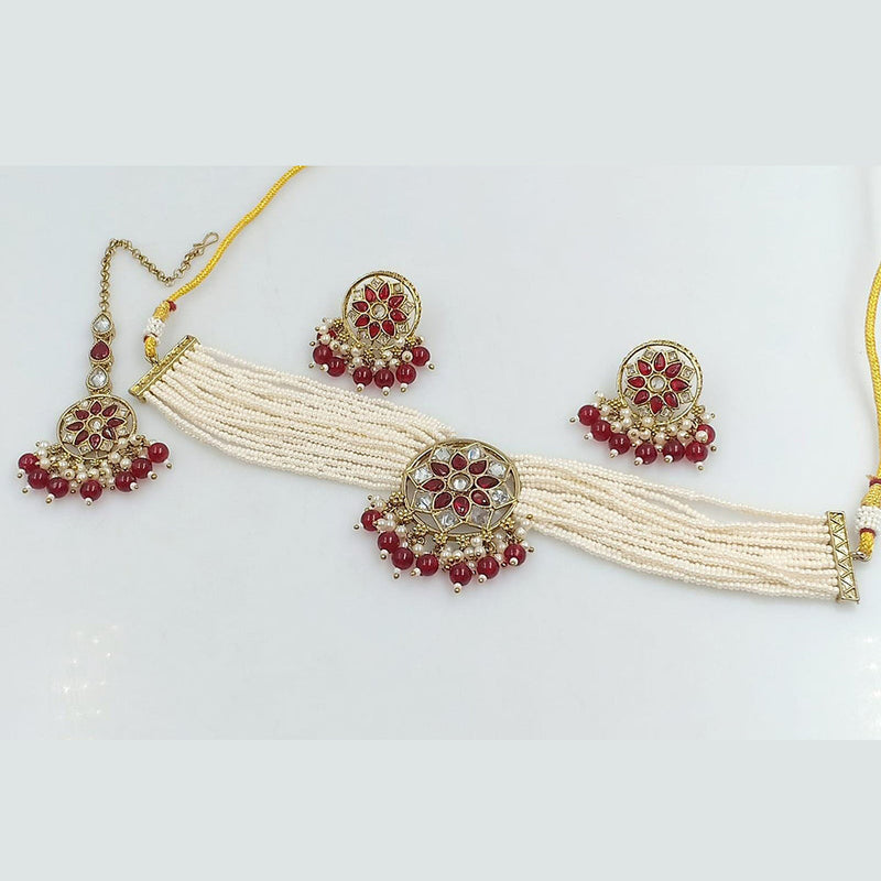 Rani Sati Jewels Gold Plated Crystal Stone And Pearl Choker Necklace Set