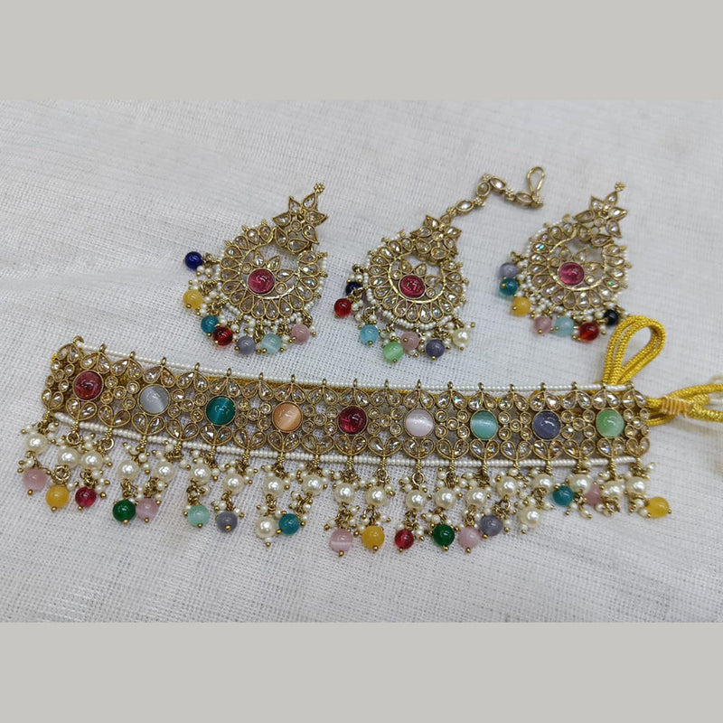 Rani Sati Jewels Gold Plated Crystal Stone And Pearl Choker Necklace Set