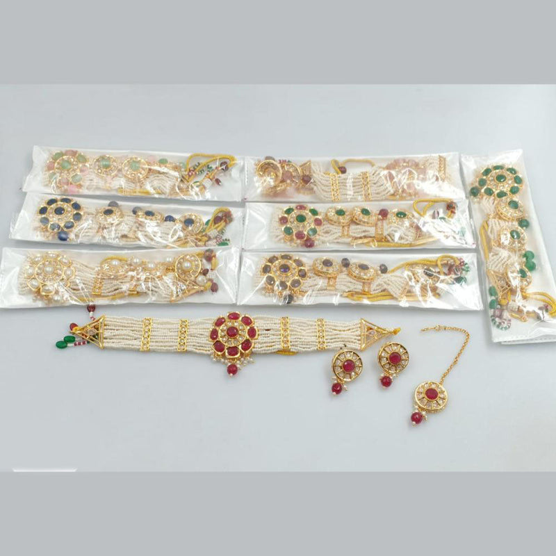 Rani Sati Jewels Gold Plated Crystal Stone Pota And Pearls Choker Necklace Set