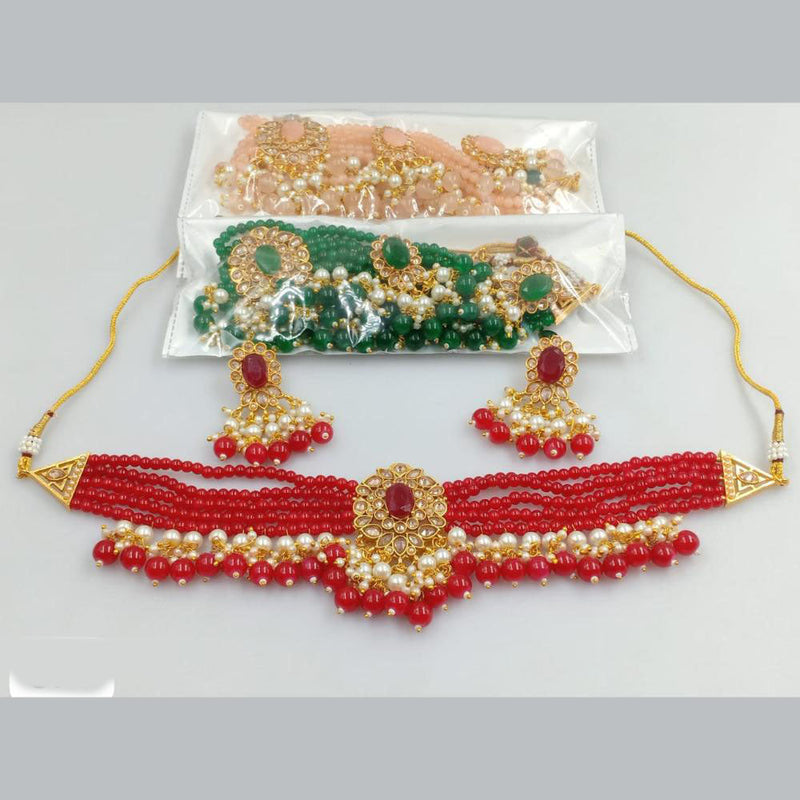 Rani Sati Jewels Gold Plated Crystal Stone Pota And Pearls Choker Necklace Set