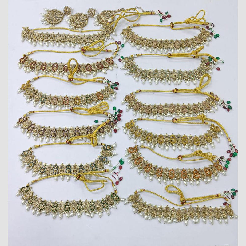 Rani Sati Jewels Gold Plated Crystal Stone And Pearls Choker Necklace Set