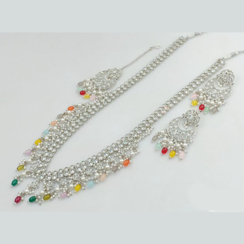 Rani Sati Jewels Silver Plated Kundan Stone And Pearls Long Necklace Set