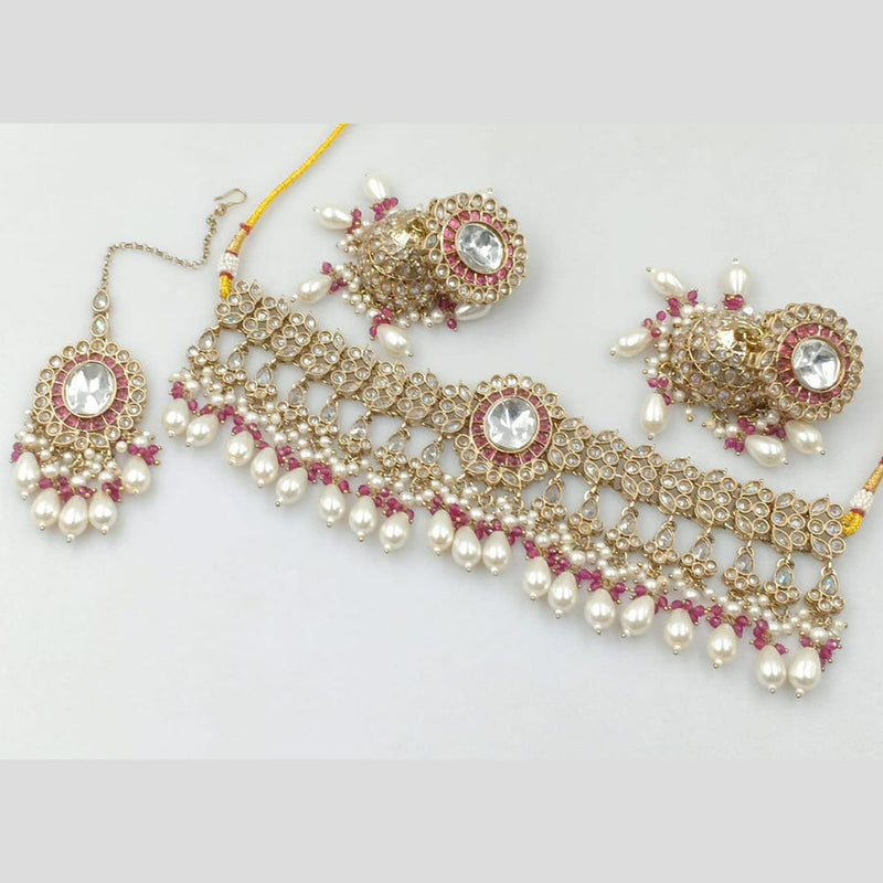 Rani Sati Jewels Gold Plated Crystal Stone And Pearls Choker Necklace Set