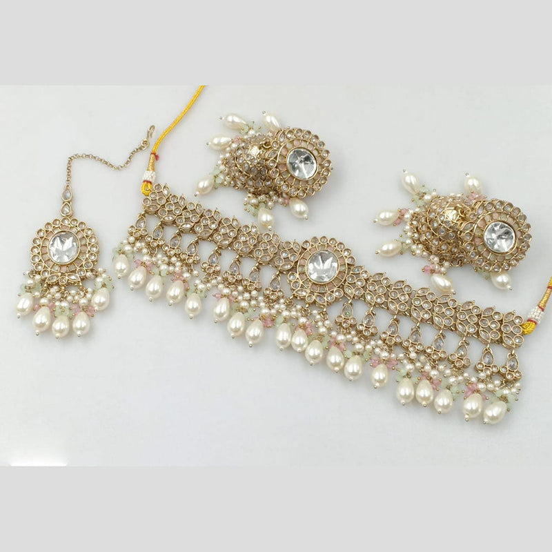 Rani Sati Jewels Gold Plated Crystal Stone And Pearls Choker Necklace Set