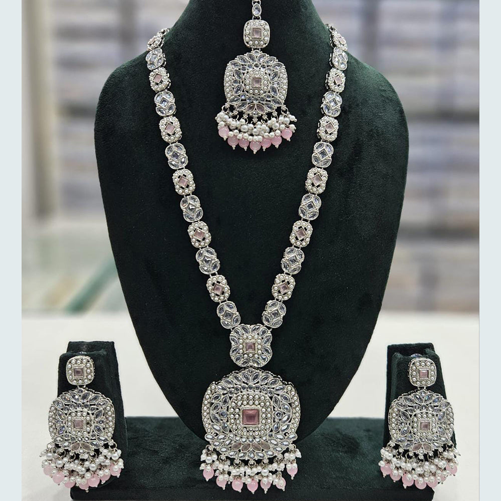 Rani Sati Jewels Silver Plated Crystal Stone And Pearls Long Necklace Set